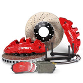 Complete TTSPORT EB10 front wheel big brake kit, showing the 10-piston forged calipers, slotted 2-piece floating rotor, performance pads, and steel-braided brake lines.