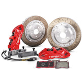 Complete TTSPORT EB4 front wheel big brake kit, showing the 4-piston forged calipers, slotted 2-piece floating rotor, performance pads, and steel-braided brake lines.