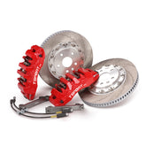 Complete TTSPORT EB6 front wheel big brake kit, showing the 6-piston forged calipers, slotted 2-piece floating rotor, performance pads, and steel-braided brake lines.