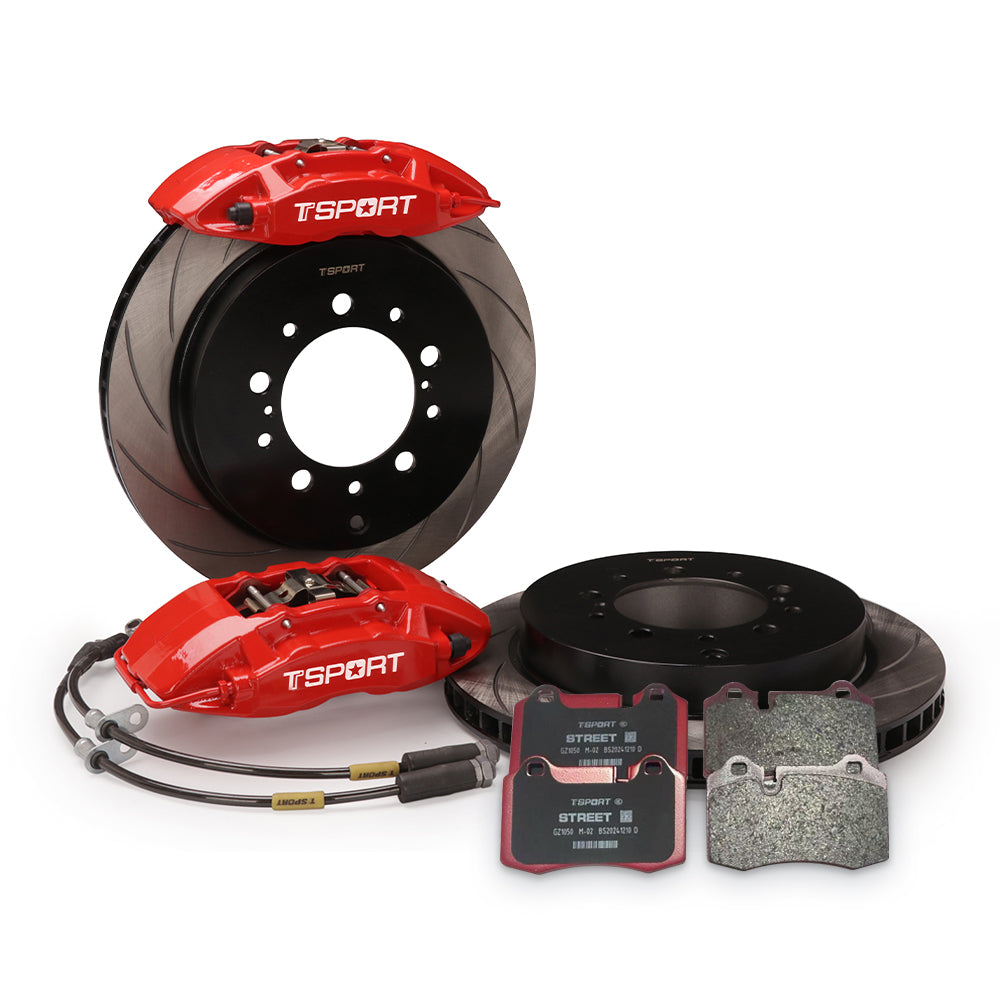 Complete TTSPORT Toyota LC150 Prado rear wheel big brake kit, showing the 4-piston forged calipers, slotted rotor, performance pads, and steel-braided brake lines.