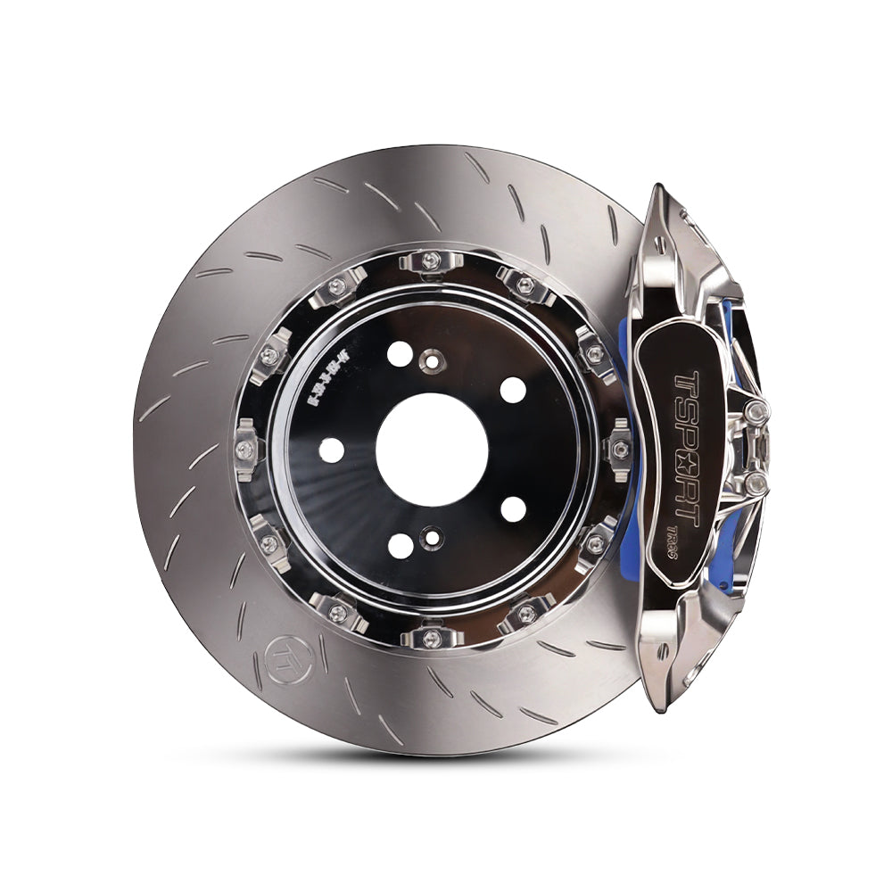 A front view of TTSPORT chrome racing-grade 6-piston front wheel big brake kit for pro racing teams.