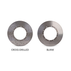 Two designs of TTSPORT carbon ceramic brake rotors, featuring a drilled version and a blank-face version for high-performance cars.