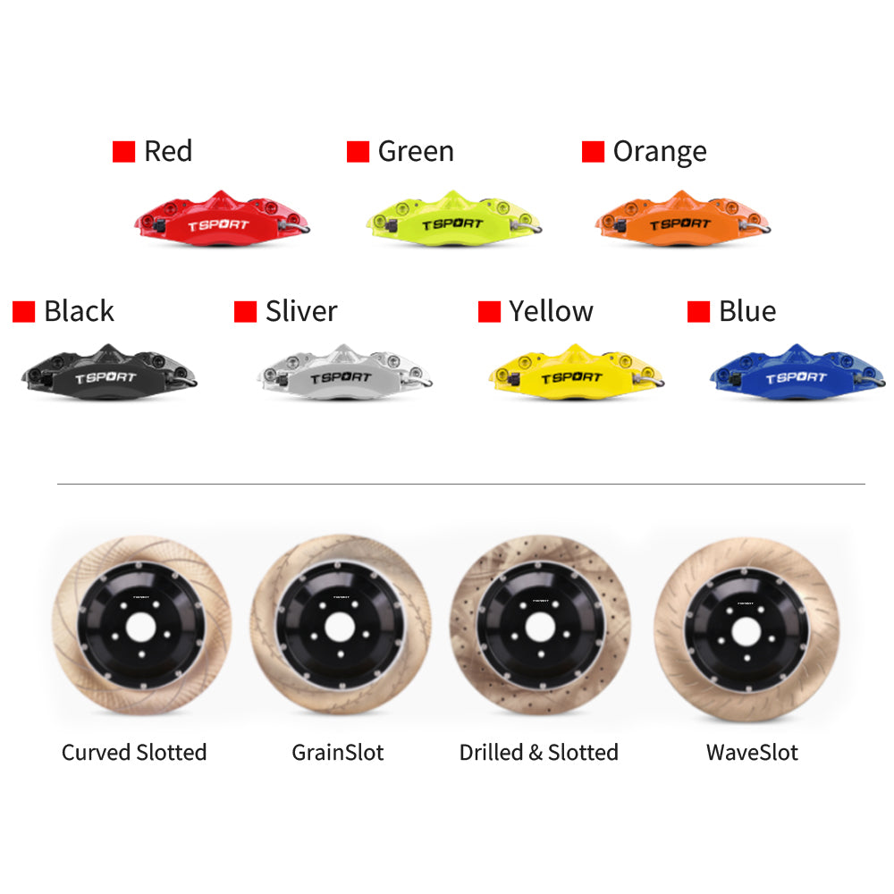 Customization options for the TTSPORT 5420S brake kit, featuring available caliper colors (red, blue, green, orange), rotor designs (drilled and slotted).