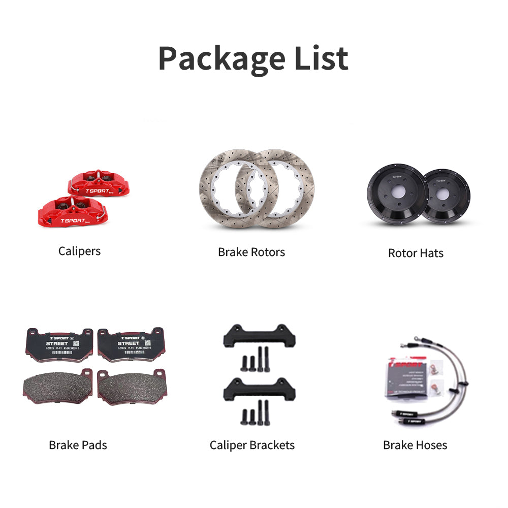 Unboxing the complete TTSPORT 5440 performance big brake kit, including all components: calipers, rotors, pads, brake line, and mounting hardware.