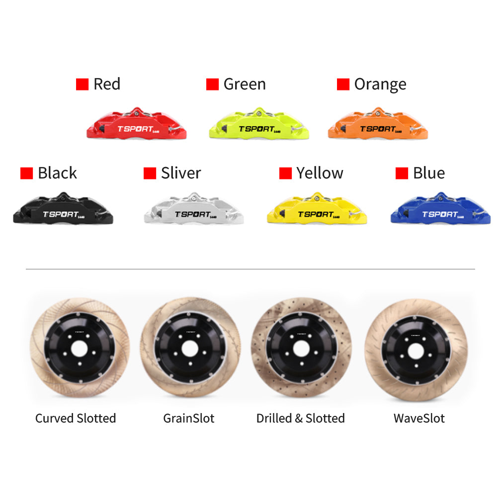 Customization options for the TTSPORT 5440 brake kit, featuring available caliper colors (red, blue, green, orange), rotor designs (drilled and slotted).