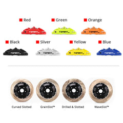 Customization options for the TTSPORT 5440 brake kit, featuring available caliper colors (red, blue, green, orange), rotor designs (drilled and slotted).