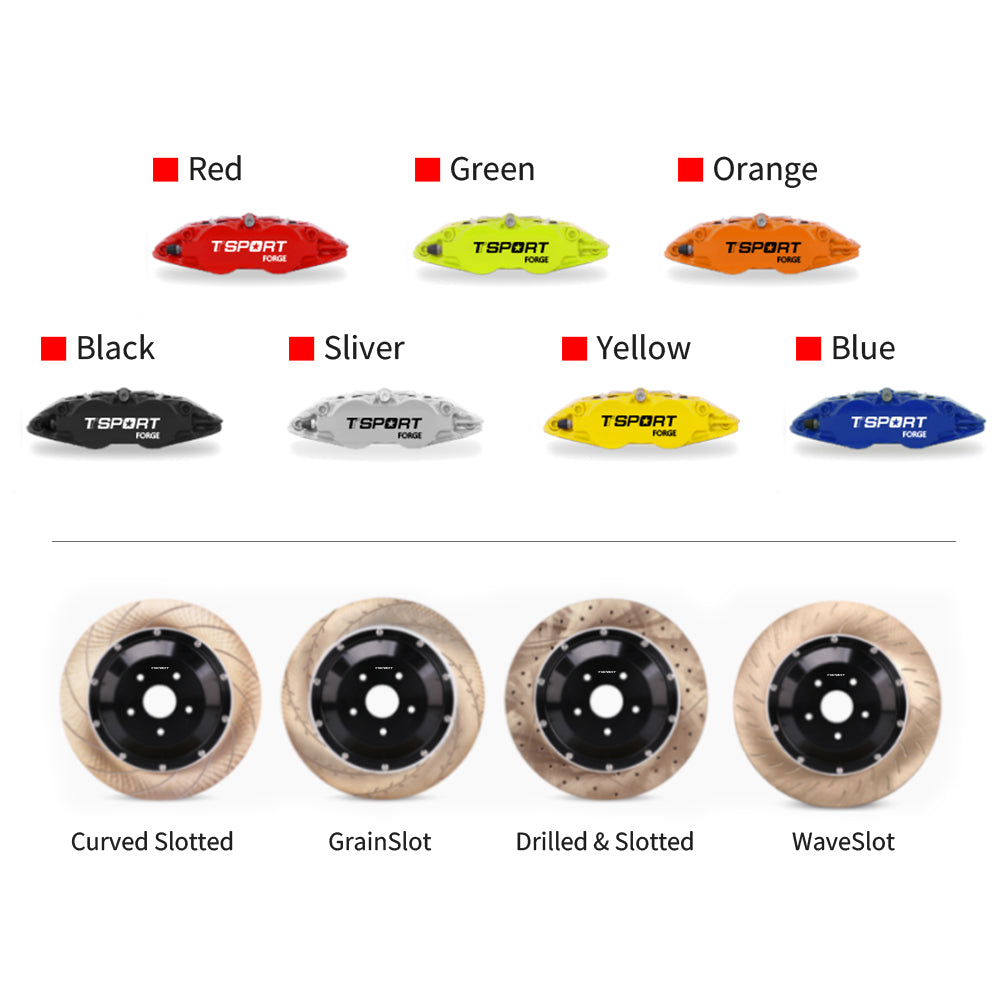 Customization options for the TTSPORT 8611S brake kit, featuring available caliper colors (red, blue, green, orange), rotor designs (drilled and slotted).