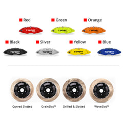 Customization options for the TTSPORT 8611S brake kit, featuring available caliper colors (red, blue, green, orange), rotor designs (drilled and slotted).