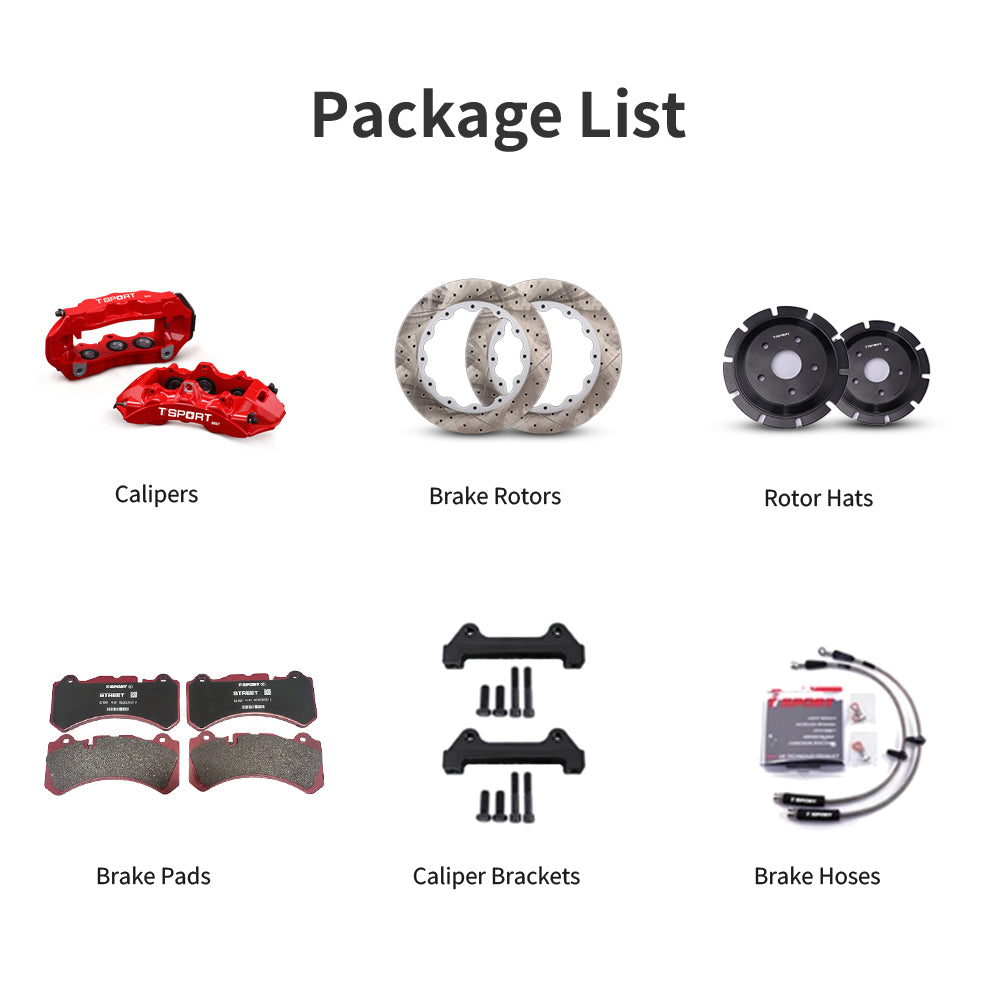 Unboxing the complete TTSPORT 8657S performance big brake kit, including all components: calipers, rotors, pads, brake line, and mounting hardware.