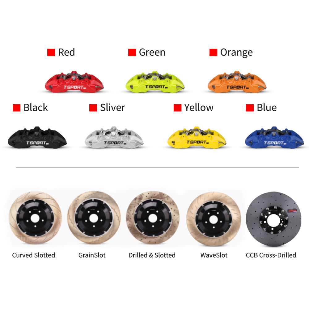 Customization options for the TTSPORT 8657S brake kit, featuring available caliper colors (red, blue, green, orange), rotor designs (drilled and slotted), rotor materials (steel and carbon ceramic).
