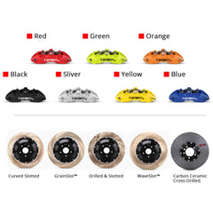 Customization options for the TTSPORT 8657S brake kit, featuring available caliper colors (red, blue, green, orange), rotor designs (drilled and slotted), rotor materials (steel and carbon ceramic).