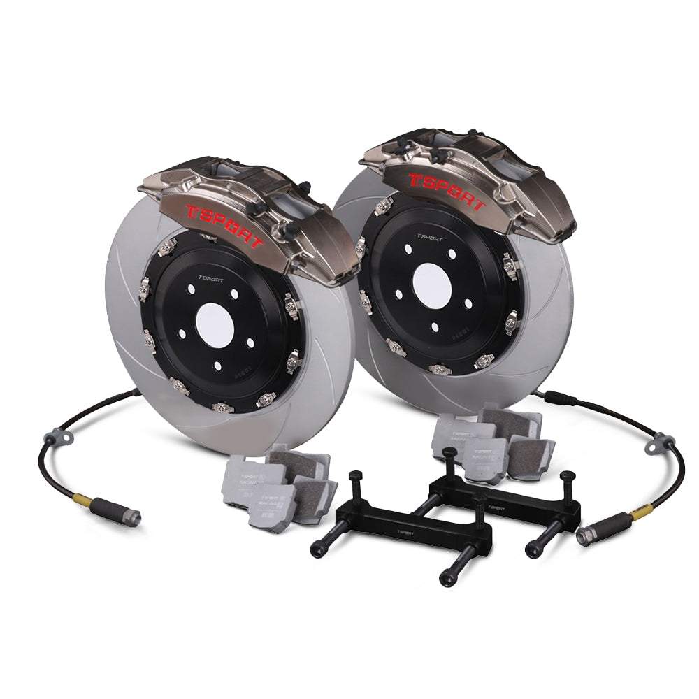 Complete TTSPORT DRT4+2 rear wheel drift brake kit, showing the 6-piston forged calipers, slotted 2-piece floating rotor, performance pads, and steel-braided brake lines.