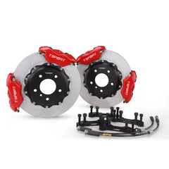 Complete TTSPORT DRT4+4 rear wheel drift brake kit, showing the two 4-piston forged calipers, slotted 2-piece rotor, performance pads, and steel-braided brake lines.