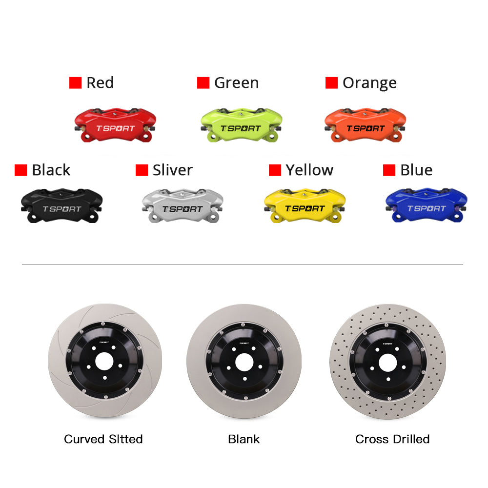 Customization options for the TTSPORT DRT4 front wheel drift brake kit, featuring available caliper colors (red, blue, green, orange), rotor designs (drilled, blank and slotted).