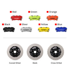 Customization options for the TTSPORT DRT4 front wheel drift brake kit, featuring available caliper colors (red, blue, green, orange), rotor designs (drilled, blank and slotted).