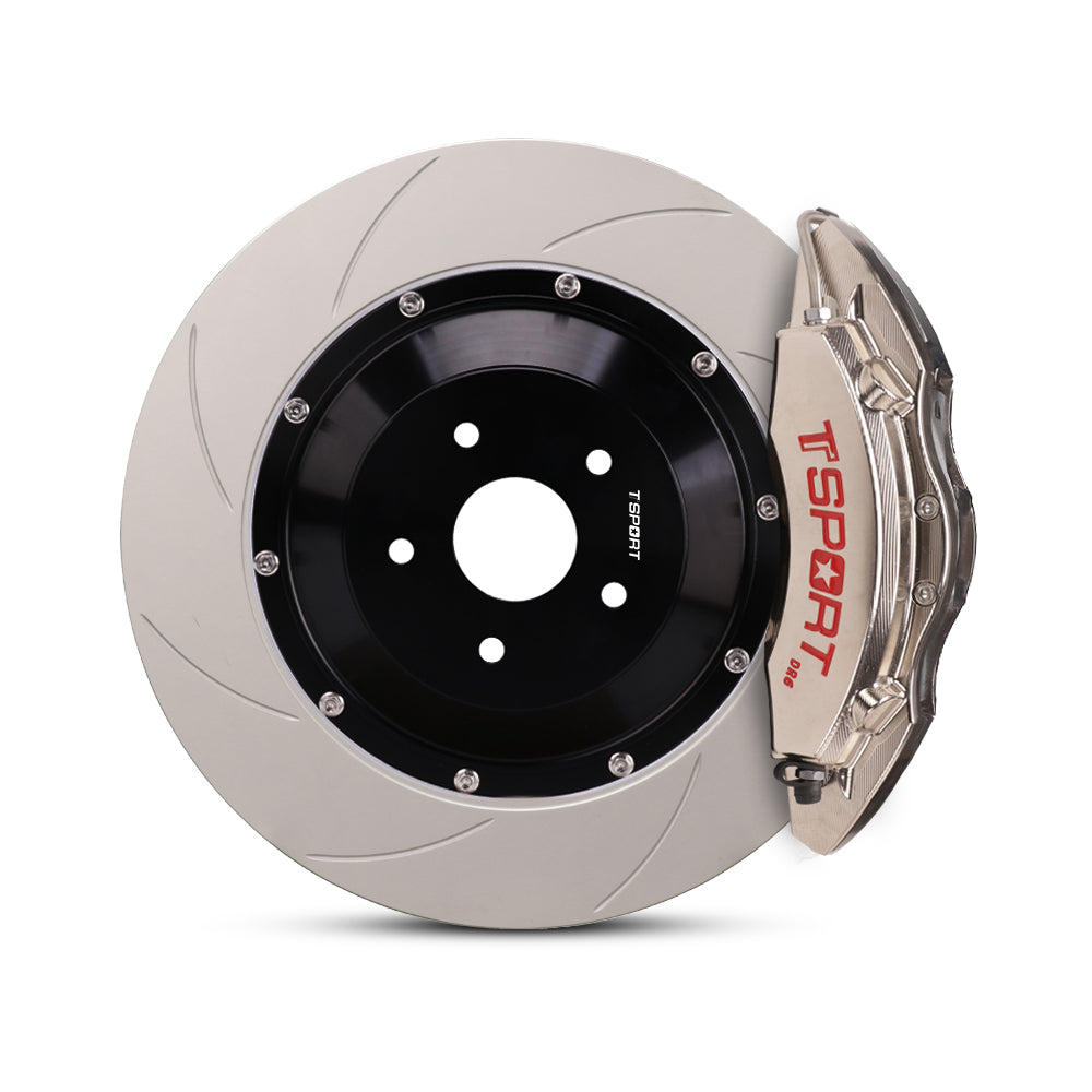 Close-up of a chrome TTSPORT DRT6 6-piston forged brake caliper for the front wheel and a slotted 2-piece rotor.