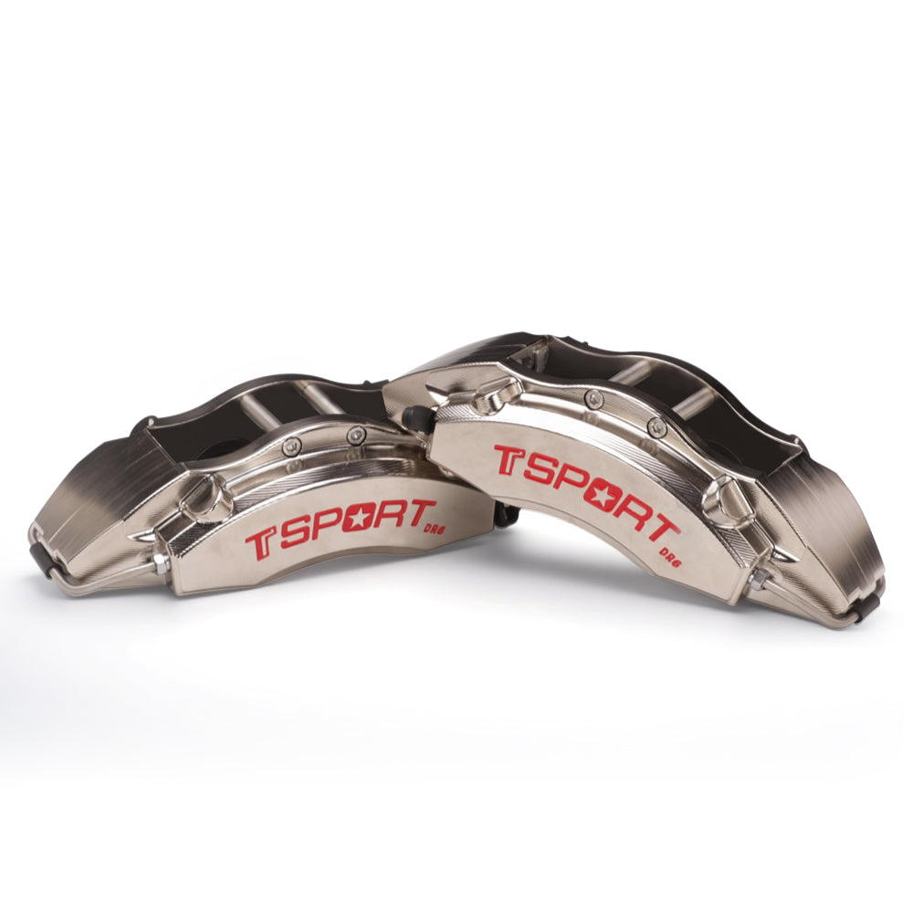 Detailed view of the 6 racing pistons inside a TTSPORT DRT6 drift racing forged brake caliper.