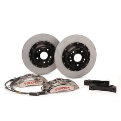 Complete TTSPORT DRT6 front wheel drift brake kit, showing the 6-piston forged calipers, slotled 2-piece rotor, performance pads, and steel-braided brake lines.
