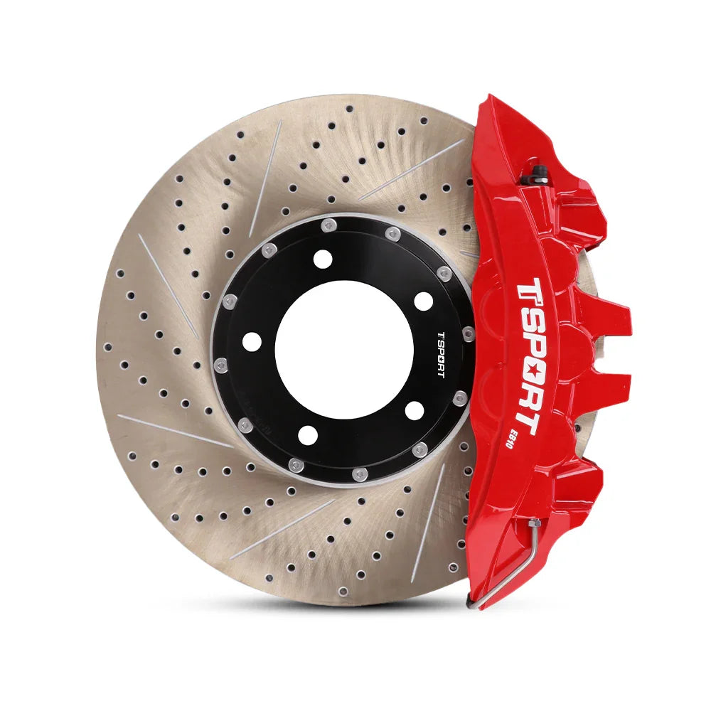 Close-up of a red TTSPORT EB10 10-piston forged brake caliper for the front wheel and a slotted 2-piece floating rotor.