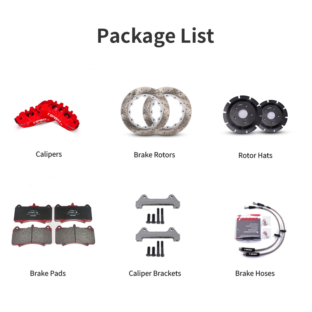 Unboxing the complete TTSPORT EB6 performance big brake kit, including all components: calipers, rotors, pads, brake line, and mounting hardware.