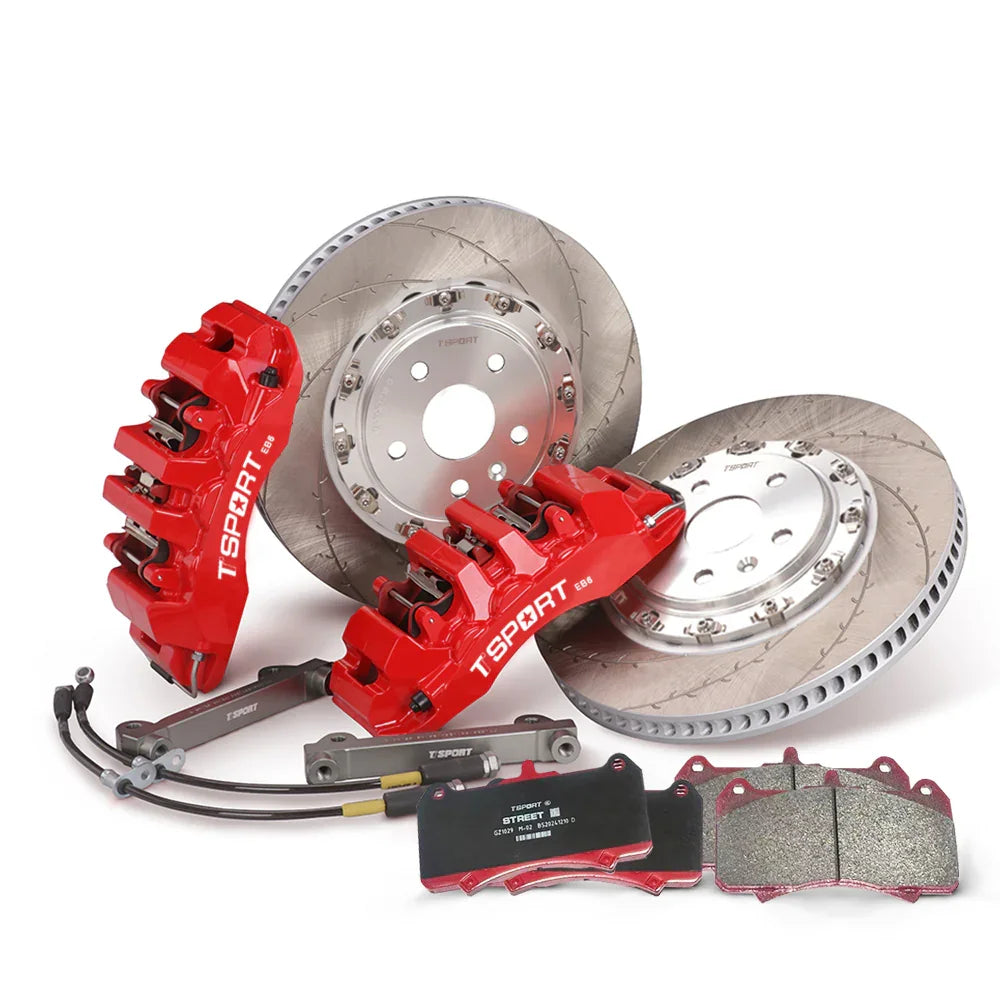Complete TTSPORT EB6 front wheel big brake kit, showing the 6-piston forged calipers, slotted 2-piece floating rotor, performance pads, and steel-braided brake lines.