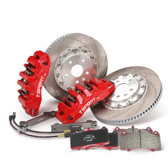 Complete TTSPORT EB6 front wheel big brake kit, showing the 6-piston forged calipers, slotted 2-piece floating rotor, performance pads, and steel-braided brake lines.