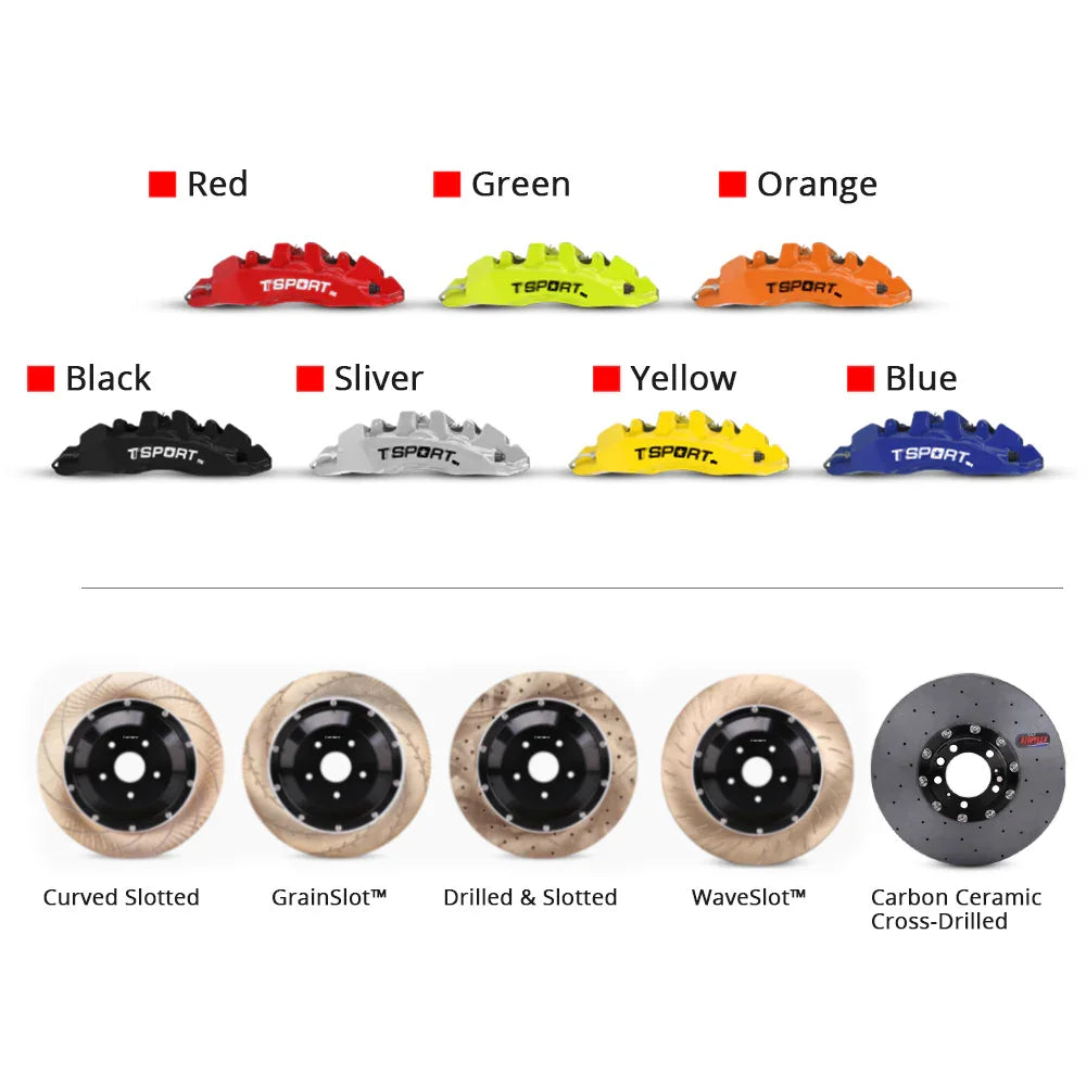 Customization options for the TTSPORT EB6 brake kit, featuring available caliper colors (red, blue, green, orange), rotor designs (drilled and slotted), and rotor materials (steel and carbon ceramic).