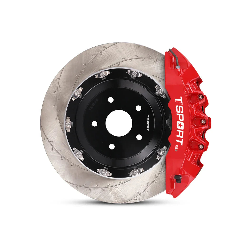 Close-up of a red TTSPORT EB8 8-piston forged brake caliper for the front wheel and a slotted 2-piece floating rotor.