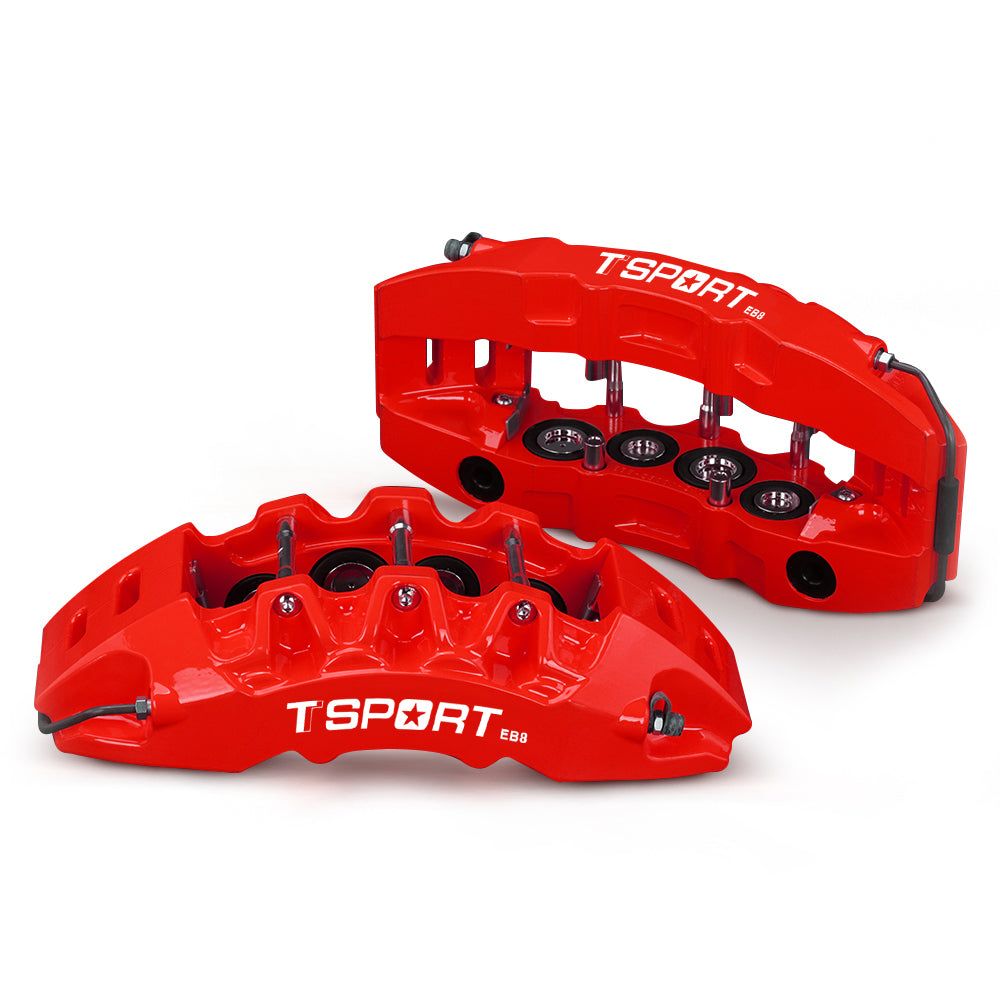 Detailed view of the 8 pistons with dust boot inside a TTSPORT EB8 forged brake caliper.