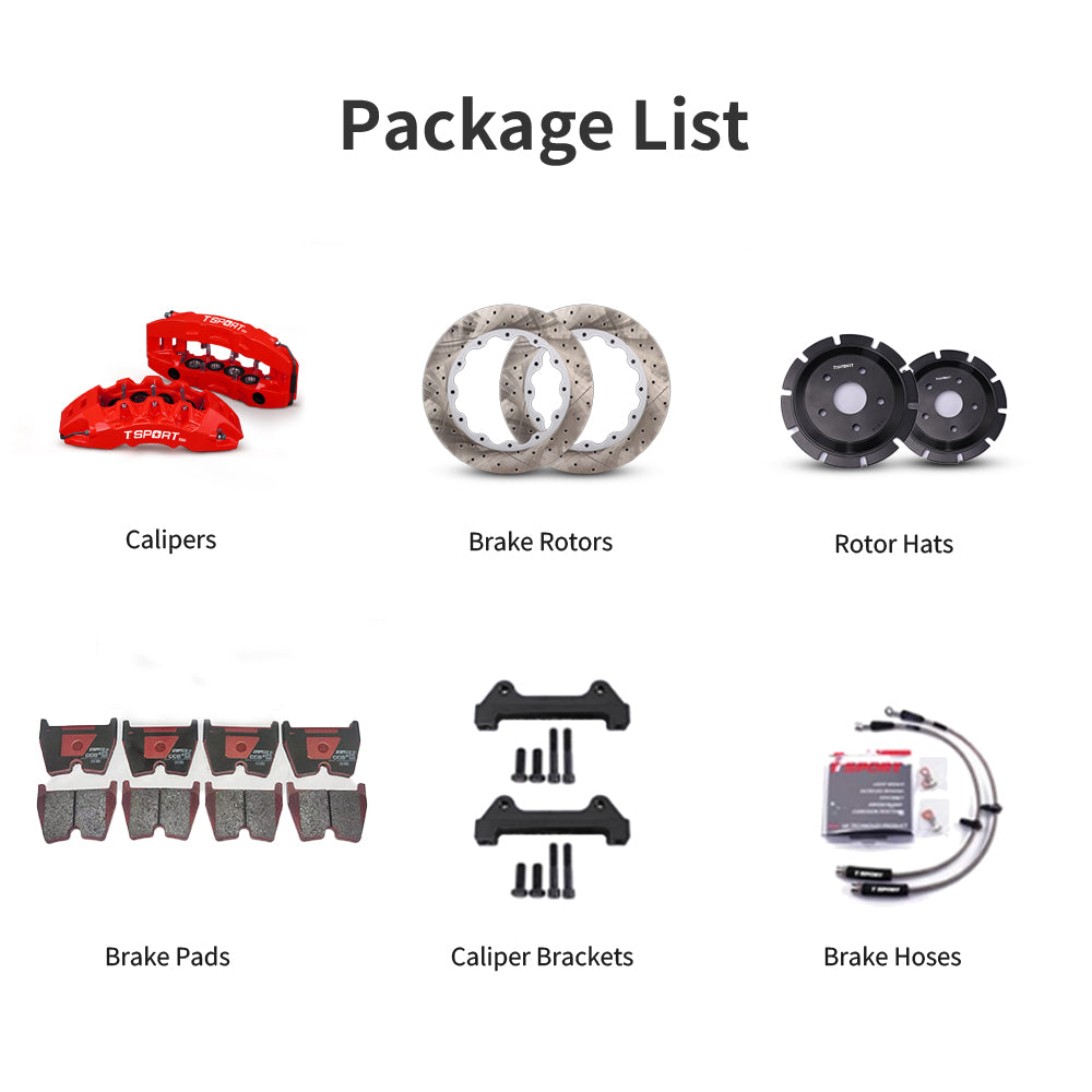 Unboxing the complete TTSPORT EB8 performance big brake kit, including all components: calipers, rotors, pads, brake line, and mounting hardware.