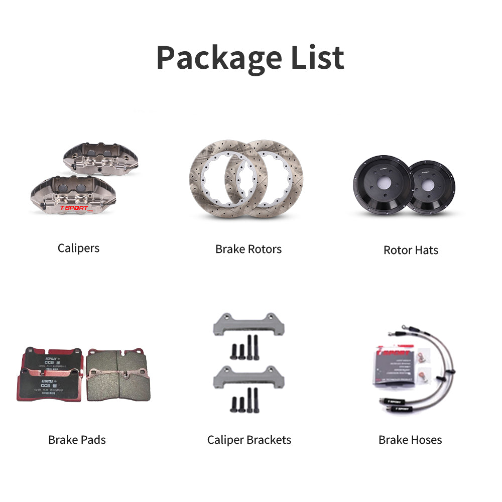 Unboxing the complete TTSPORT EMB4 performance big brake kit, including all components: calipers, rotors, pads, brake line, and mounting hardware.