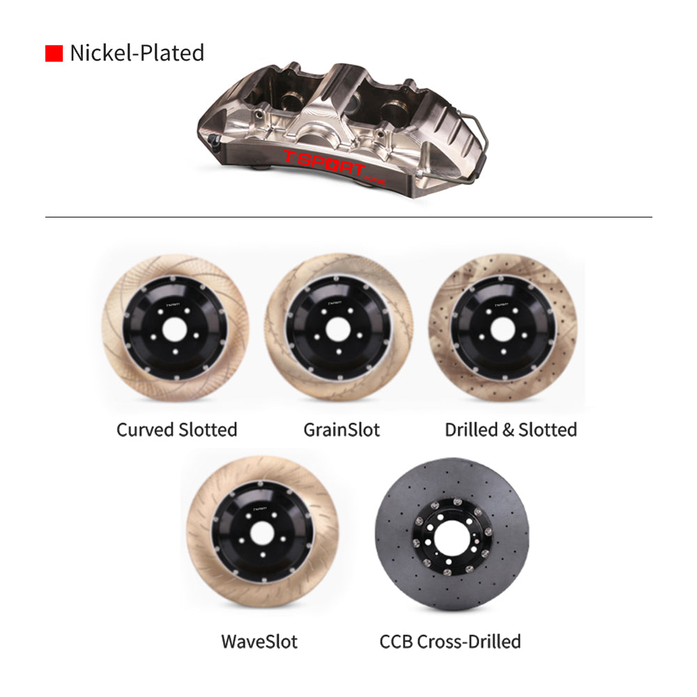 Customization options for the TTSPORT EB10 brake kit, featuring available caliper colors (chrome), rotor designs (drilled and slotted), rotor materials (steel and carbon ceramic).