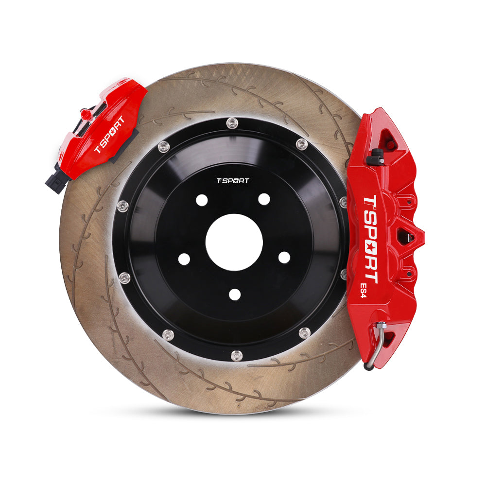 Close-up of a red TTSPORT electronic parking brake (EPB) single-piston forged brake caliper for the rear wheel and a slotted 2-piece floating rotor.