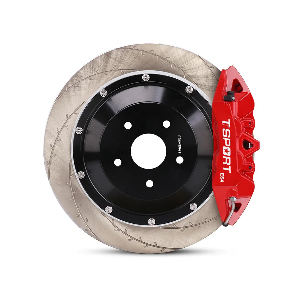 Close-up of a red TTSPORT ES4 4-piston forged brake caliper for the rear wheel and a slotted 2-piece floating rotor.