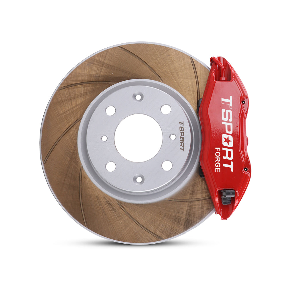 Close-up of a red TTSPORT Honda Fit/Jazz 4-piston forged brake caliper for the front wheel and a slotted rotor.