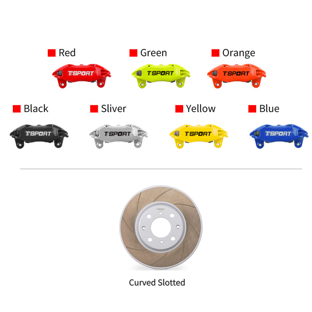 Customization options for the TTSPORT Honda Fit/Jazz front wheel brake kit, featuring available caliper colors (red, blue, green, orange), rotor designs (slotted).