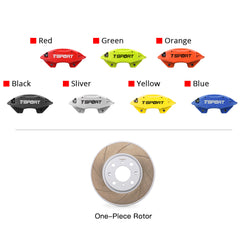 Customization options for the TTSPORT Suzuki Jimny front wheel brake kit, featuring available caliper colors (red, blue, green, orange), rotor designs (slotted).