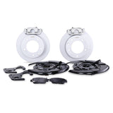 Complete TTSPORT Suzuki Jimny rear wheel brake kit, showing the floating calipers, blank rotor, performance pads, and steel-braided brake lines.