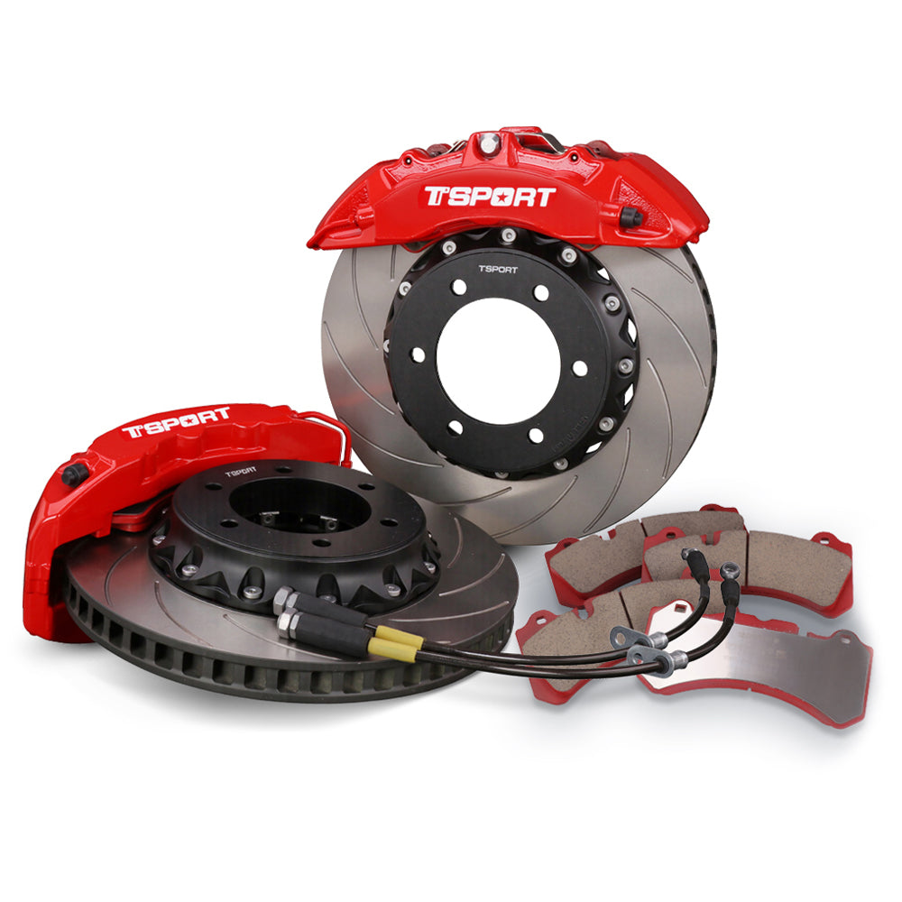 Complete TTSPORT Toyota Land Curise and Prado front wheel big brake kit, showing the 6-piston forged calipers, slotted 2-piece rotor, performance pads, and steel-braided brake lines.