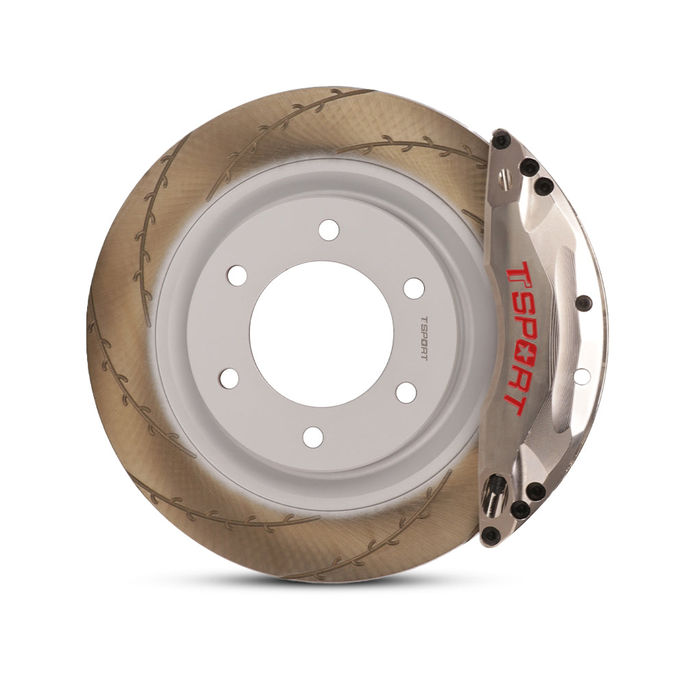 Close-up of a chrome TTSPORT PB6 6-piston watercooling forged brake caliper for the front wheel and a J-hock slotted 2-piece rotor.
