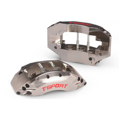 Detailed view of the 6 racing pistons inside a TTSPORT PB6 watercooling rally racing forged brake caliper.