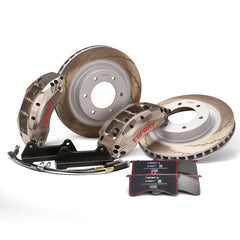 Complete TTSPORT PB6 watercooling front wheel rally brake kit, showing the 6-piston calipers, J-hock rotors, performance pads, and steel-braided brake lines.