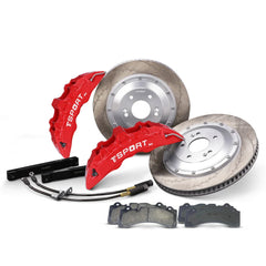 Complete TTSPORT SL6 front wheel big brake kit, showing the 6-piston forged calipers, slotted 2-piece floating rotor, performance pads, and steel-braided brake lines.