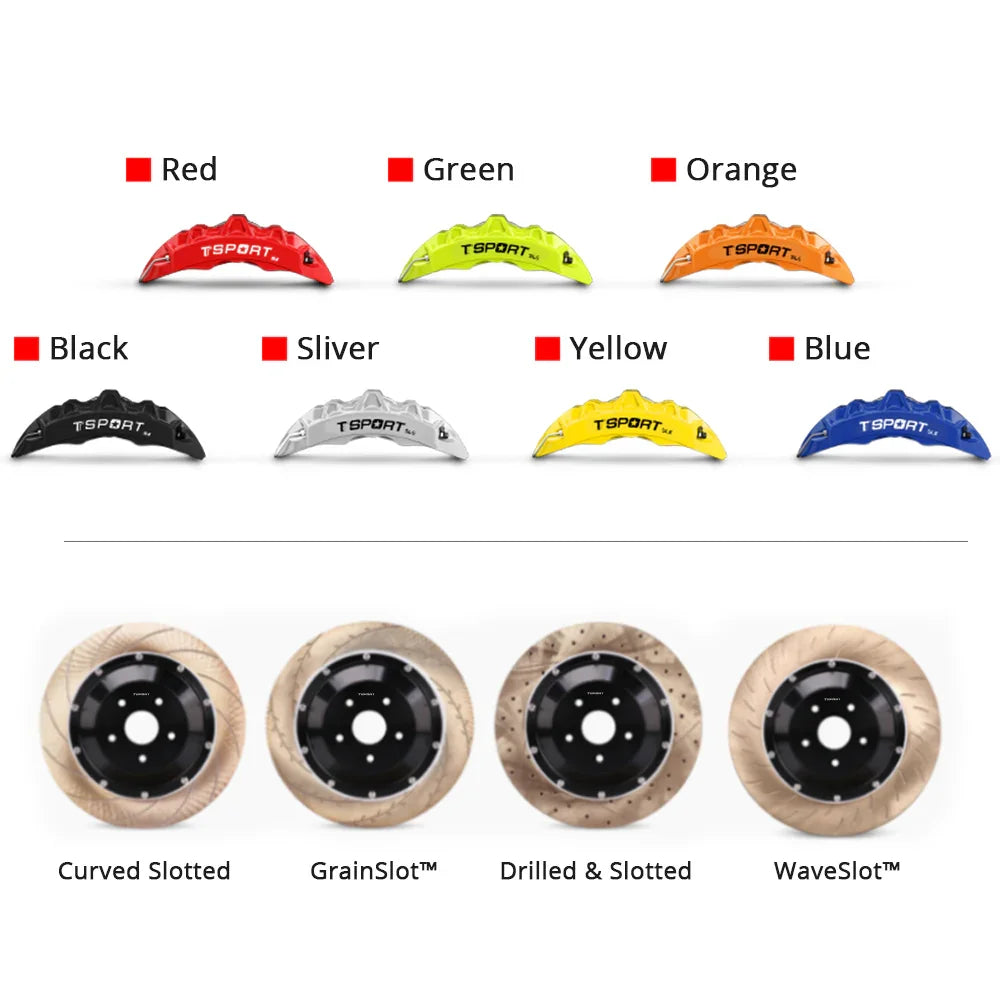 Customization options for the TTSPORT SL6 brake kit, featuring available caliper colors (red, blue, green, orange), rotor designs (drilled and slotted).