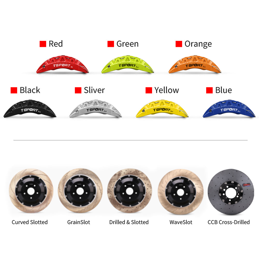 Customization options for the TTSPORT SL8 brake kit, featuring available caliper colors (red, blue, green, orange), rotor designs (drilled and slotted), rotor materials (steel and carbon ceramic).