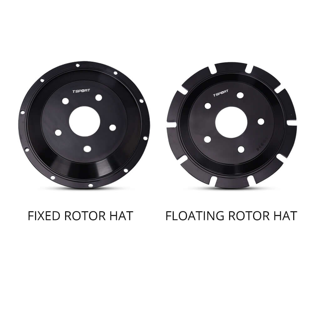A comparison of two TTSPORT universal aluminum rotor hats: one designed for a fixed setup (left) and one for a floating setup (right), both are high-strength and lightweight.