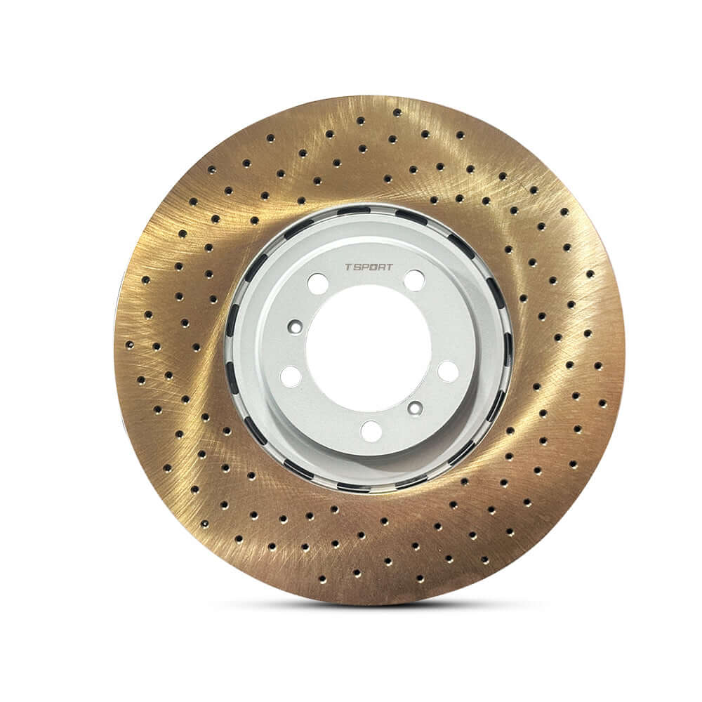 TTSPORT front wheel drilled brake rotor, an OEM replacement for Porsche Panamera and Cayenne.