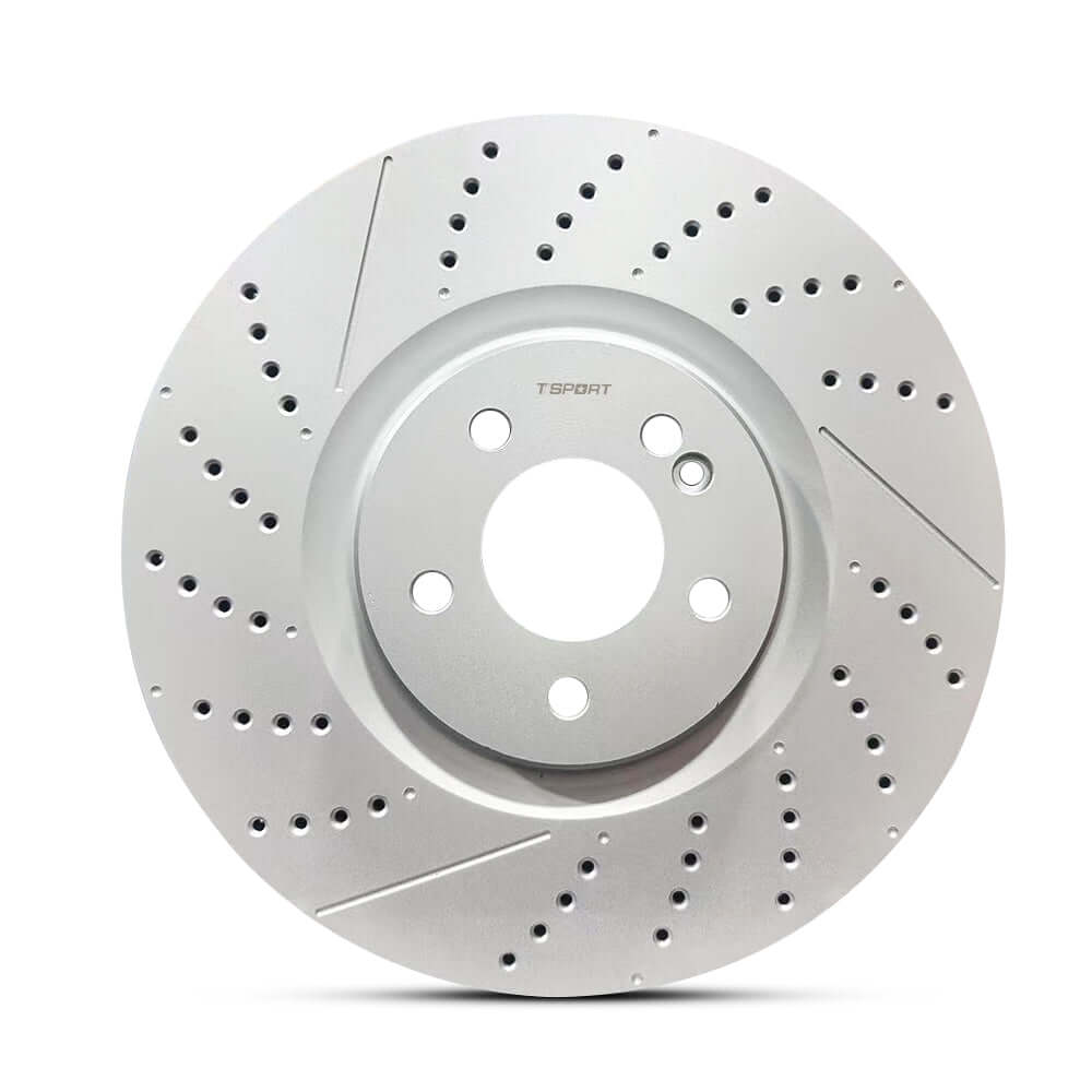 TTSPORT front wheel drilled and slotted brake rotor, an OEM replacement for Mercedes W204 W205 C-class C63.