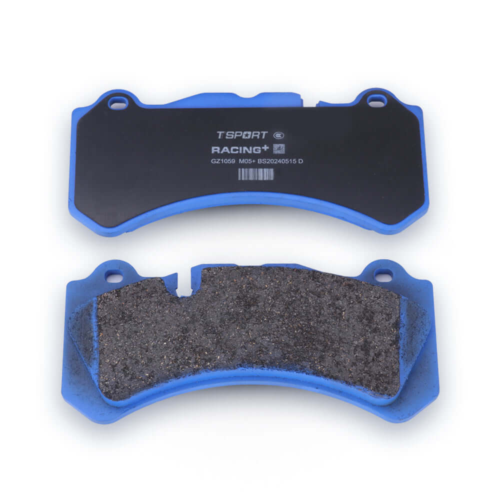 A set of TTSPORT 05 fade-free high friction racing brake pads on a white background, designed for rally and circuit race cars.