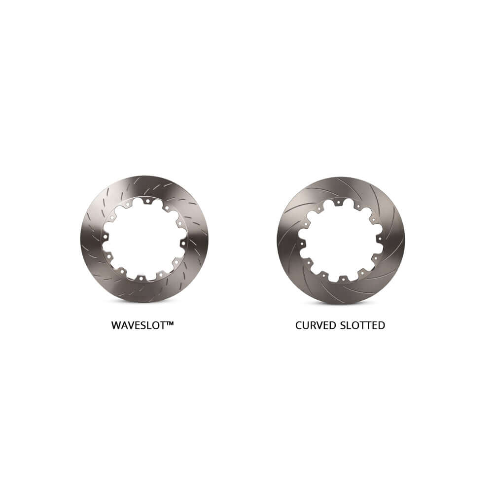 Shows two designs of slotted brake rotors, wave slot and curve slot.